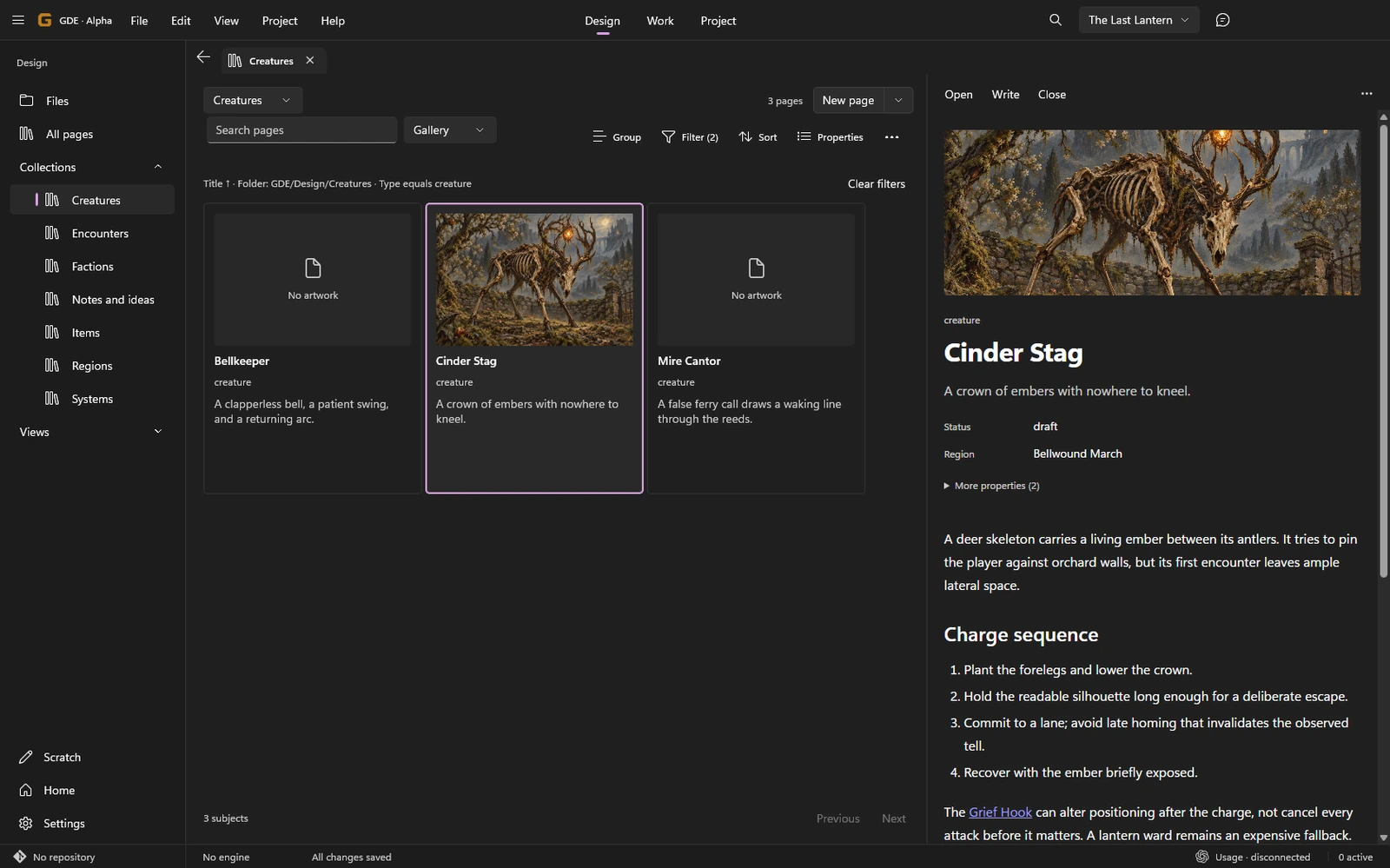 GDE Design shows a collection of creatures beside the selected Cinder Stag page.
