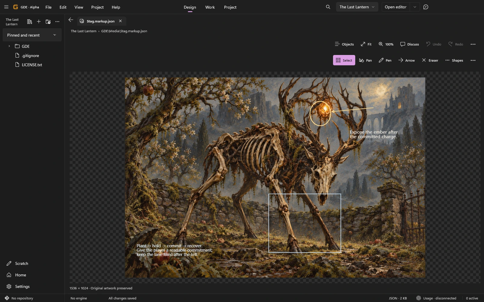 GDE's native markup tools above concept art annotated with arrows, a rectangle and design notes.