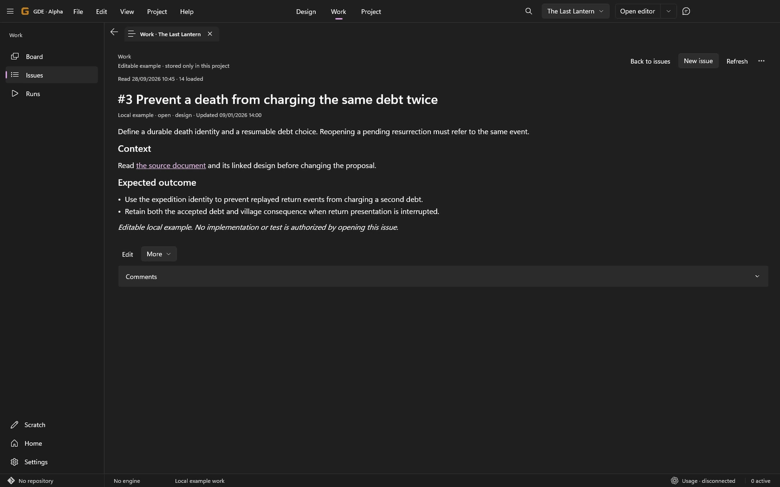 The GDE issue reader presenting an example task, its description and related context.
