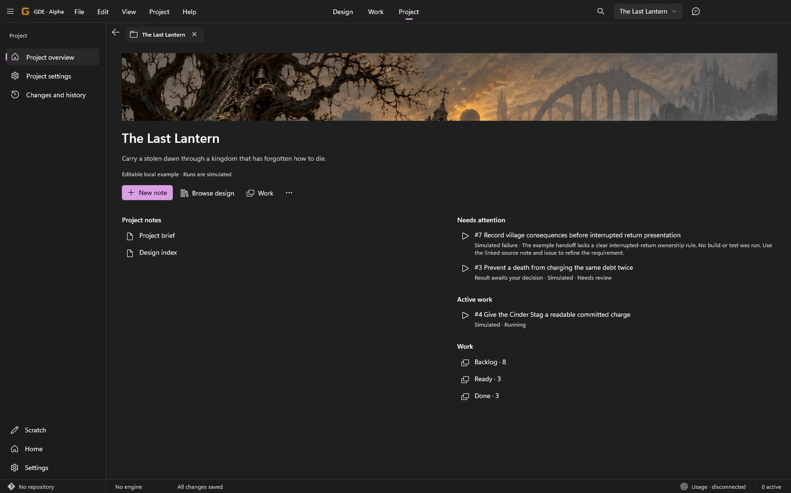 GDE Project overview shows project notes, active sample work and items needing attention.