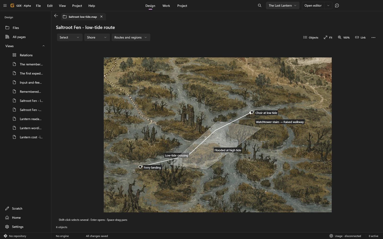 The Saltroot spatial plan with a ferry landing, low-tide crossing, route and flood region linked to the map.